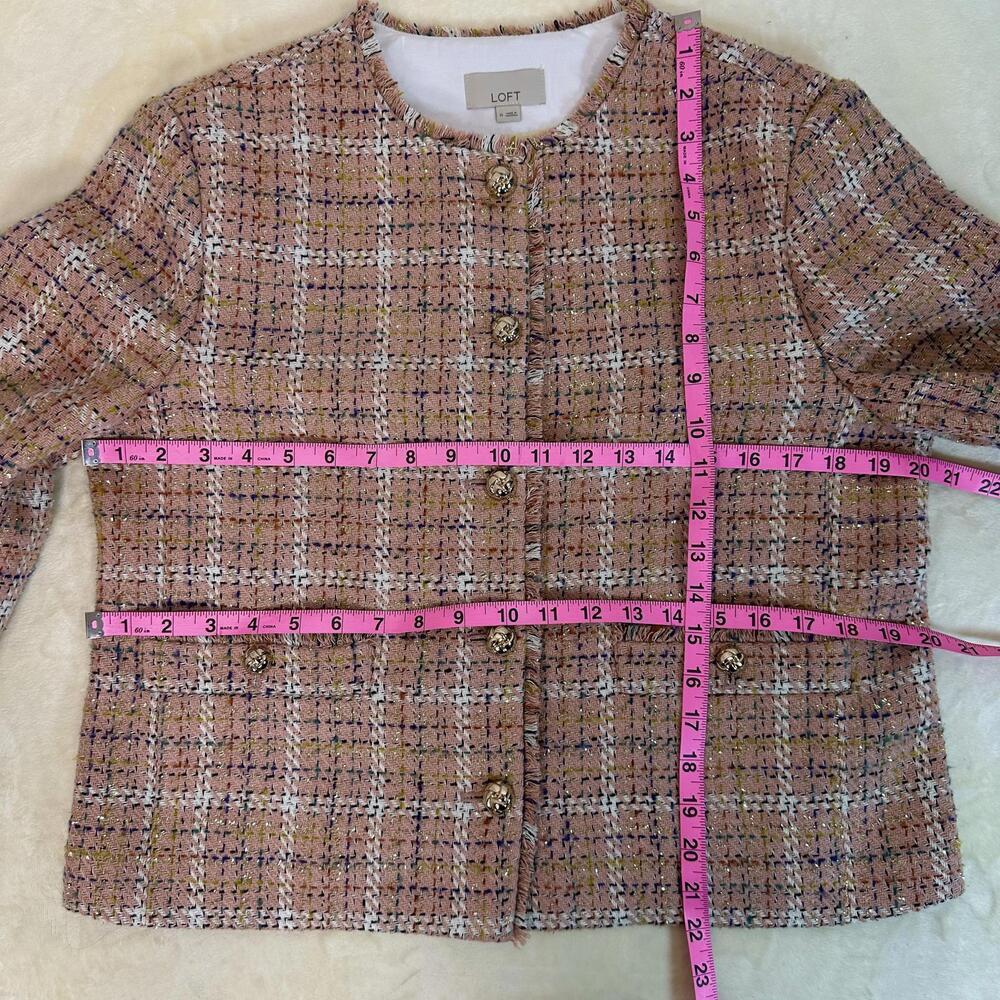 Loft Sz M Pink Gold Metallic Tweed Blazer Frayed Hem Corpcore Office Work Easter - Picture 3 of 6